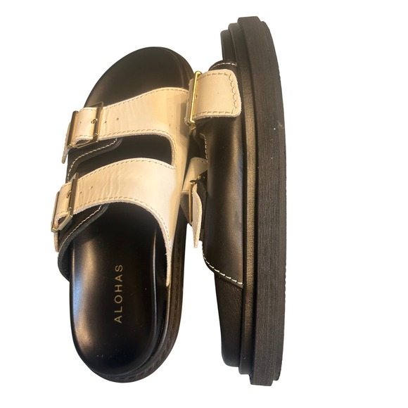 Alohas Leather Platform Sandals Women 39 Black White Double Buckle Made in Spain - Picture 2 of 6